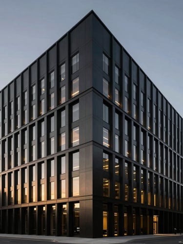 Architectural wide shot of a modern corporate headquarters clad in black ACM panels, clean joints, twilight lighting, sharp focus