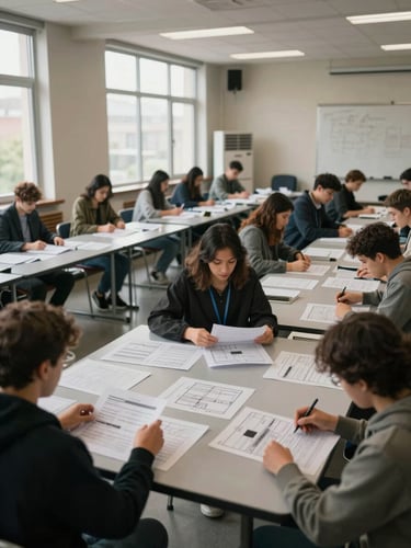 Wide institutional training room, participants seated at long tables reviewing printed frameworks and planning documents, soft natural daylight through tall windows on the left, overhead view showing the work spread across surfaces