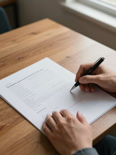 Close overhead view of hands reviewing a printed planning document on a wooden desk, pen resting on the page, handwritten margin notes visible, warm available light from a nearby window, institutional setting