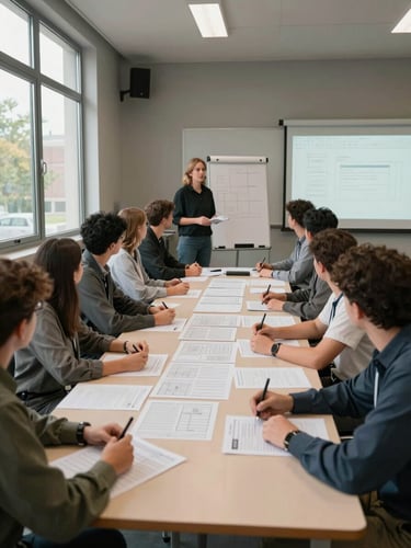 Wide institutional training room viewed from the side, participants seated around a long table covered in printed planning documents, a facilitator standing at a flipchart mid-session, natural daylight entering from tall windows on the left, warm gray walls, overhead angle slightly elevated showing the documents and hands in focus