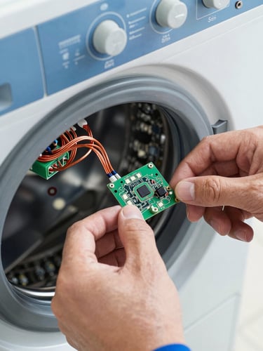 Close-up of a technician's hands repairing a commercial washing machine control panel with copper wiring and circuit boards visible, bright clean utility lighting, blue and metallic silver tones, 35mm
