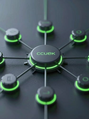 Sleek technical 3d render of a multi-modal data validation network, dark slate and neon green accents, crisp digital backlighting, macro depth of field