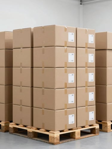 Medium close shot of organized warehouse inventory, showing neatly labeled shipping boxes stacked on clean wooden pallets under bright neutral lighting.