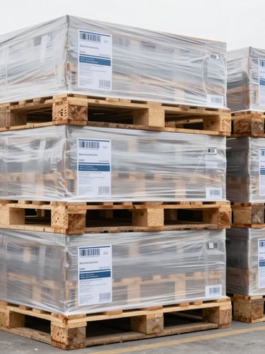 A close-up clean commercial photograph of neatly stacked wooden pallets with wrapped cargo in a bright warehouse, neutral overcast daylight, sharp focus on shipping labels.