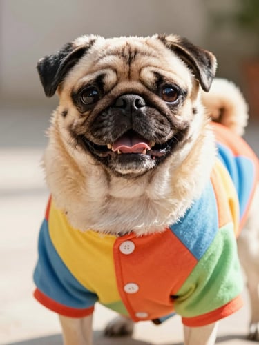 Vibrant eye-level portrait of a happy pug wearing a perfectly fitted colorful handmade shirt, standing in warm natural sunlight, 35mm photography