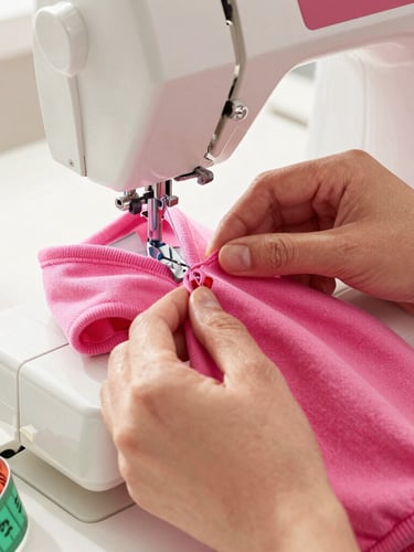 Close-up of hands carefully stitching a bright pink cotton pet hoodie on a sewing machine, colorful threads and measuring tape nearby, warm daylight