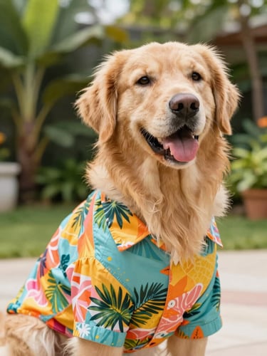 Vibrant eye-level pet portrait of a happy golden retriever wearing a colorful handmade tropical shirt, warm natural daylight, bright cheerful tones, outdoor garden background