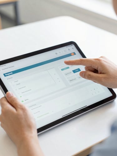 Close-up of an educator's hands interacting with a clean tablet training interface displaying learning analytics, bright natural classroom light