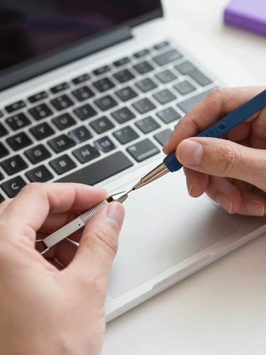 Close-up of hands carefully repairing a laptop keyboard with precision tools, bright natural daylight, clean organized workspace