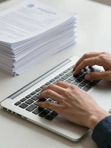 Close-up on hands typing on a laptop next to an organized stack of official documents with stamps, bright neutral daylight, clean workspace.