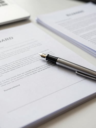Close-up of organized physical documents on a clean desk, a modern fountain pen resting on a signed contract, bright daylight, professional corporate atmosphere.