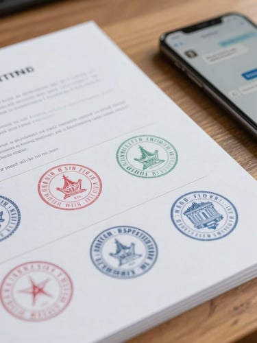 Close-up of organized physical documents with official stamps on a wooden desk next to a smartphone showing a secure chat, bright daylight lighting