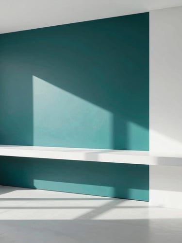 Crisp architectural shot of a modern minimalist creative studio interior with deep teal accents, natural side-lighting casting sharp shadows, 35mm lens