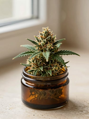 Macro close-up of pristine, trichome-rich cannabis flower inside a minimalist amber glass jar on a warm cream stone surface, soft natural afternoon window light, 35mm