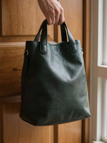 A close-up of a hand holding a sleek, unmarked dark leather bag near a wooden residential door, soft natural afternoon light
