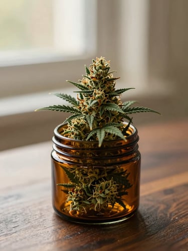 A close-up of a minimalist amber glass jar containing pristine, trichome-rich cannabis flower, sitting on a dark oak table under soft afternoon window light.