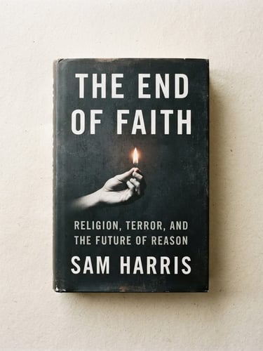 A high-contrast clean scan of the book cover of 'The End of Faith' by Sam Harris, resting on a textured off-white paper background, soft natural window light casting a gentle shadow to the right, sharp focus, editorial book photography.