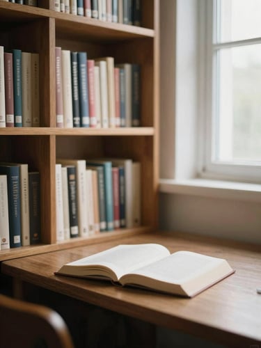 A quiet library corner with soft morning light illuminating wooden bookshelves and an open book on a study table, editorial photography