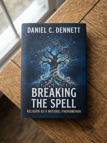 A clean, high-contrast scan of the book cover of Breaking the Spell by Daniel Dennett, resting on a textured oak table under soft window light