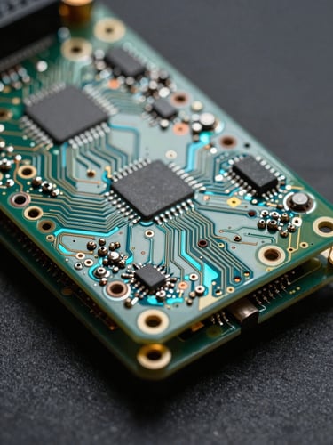 Macro close-up of a high-density printed circuit board layered over a partially visible battery module housing, cold strobe lighting from upper-left casting hard shadows across solder joints and copper traces, deep charcoal background, razor-sharp focus on the PCB surface texture with cyan-tinted reflections on metallic contact points, no hands, no people, pure technical detail