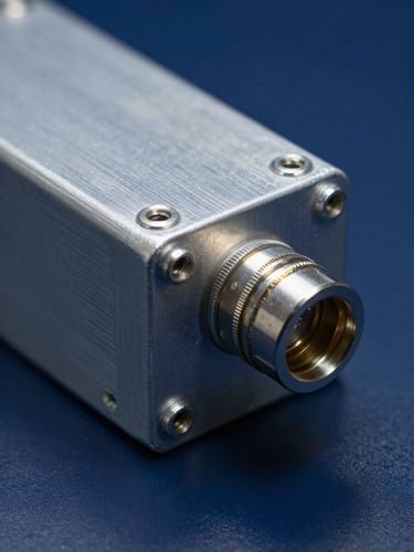 Macro close-up of a marine battery module under laboratory test conditions — precision-welded monolithic housing with IP69 port fittings visible, cold strobe lighting casting sharp highlights on aluminium edges, deep navy background, no people, no text, portrait orientation