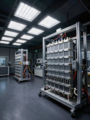 Wide industrial laboratory interior, panoramic frame, a liquid-cooled battery module housing mounted on a steel test rig in the right third of the frame, high-contrast cold LED array overhead casting sharp clinical light across aluminium cooling fins and sealed connectors, deep charcoal floor and dark background, no people, no text, technical testing environment with visible coolant tubing and instrumentation cables