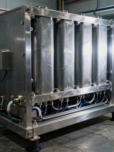 Wide industrial close-up of a large-format battery module housing under laboratory test conditions, stainless steel enclosure with liquid cooling channels visible along the lower edge, cold strobe lighting from the right casting crisp shadows across the housing's structural ribs and weld seams, a pressurised coolant line attached to a fitting in the lower-left corner, dark concrete test floor visible beneath, no people, no labels