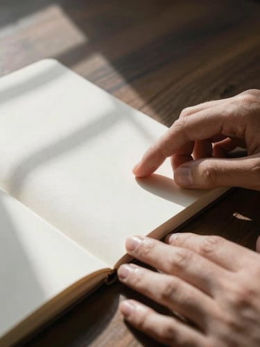 Close-up macro shot of hands resting on a dark wooden desk beside an open notebook, high-contrast natural light casting geometric window shadows.