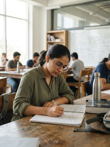 Bright editorial photograph of a focused Indian student in a modern classroom, natural daylight, sharp focus, medium depth of field.
