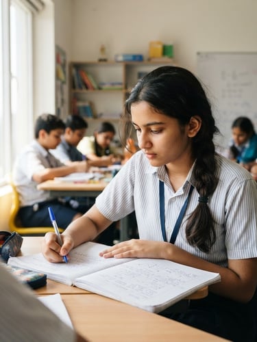 Bright editorial photography of a focused Indian high school student writing notes in a modern, sunlit classroom, sharp focus, authentic tone.