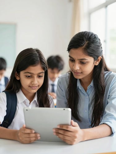 An Indian parent and high school student sitting together looking at a tablet screen with quiet confidence, bright home setting, natural daylight.