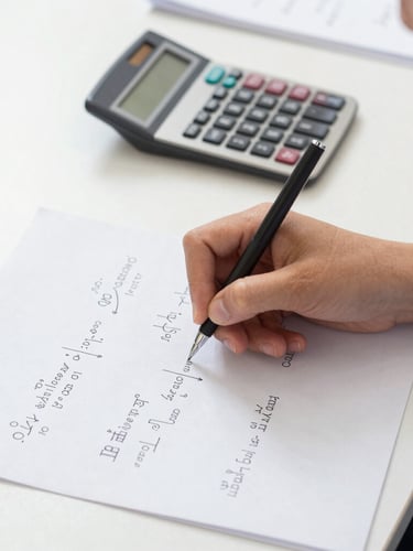 A close-up of a student's hand solving a complex physics equation on a clean white desk, with handwritten formulas and a calculator nearby, bright natural daylight.
