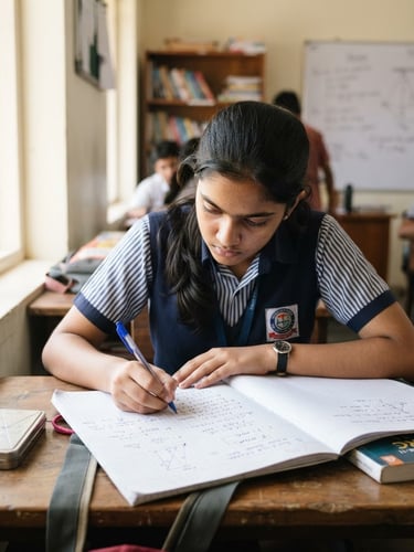 A focused Indian high school student writing physics equations on paper under bright natural light, sharp focus, clean academic setting.