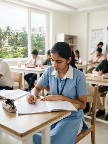 Bright editorial photography of a focused student writing in a clean, modern Hyderabad classroom under natural daylight, sharp focus.
