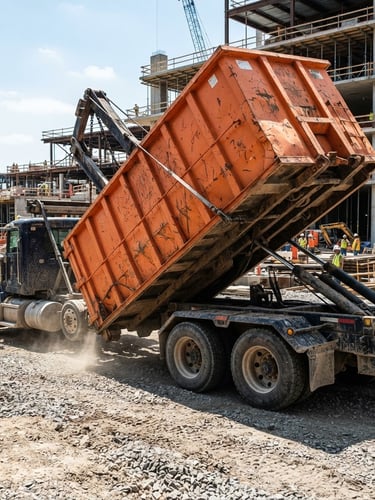 Low-angle heroic shot of a massive safety-orange 40-yard roll-off dumpster being lowered onto a gravel commercial construction site by a heavy-duty hydraulic truck, harsh direct sunlight casting sharp industrial shadows, grit and steel textures.