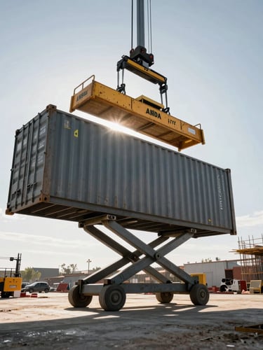Low-angle heroic shot of a heavy-duty hydraulic lift loading a steel container on an active commercial construction site, harsh direct daylight, dramatic shadows