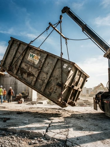 Low-angle heroic shot of a heavy-gauge steel roll-off dumpster being lowered onto a gritty concrete job site, harsh direct sunlight, dramatic shadows, industrial rigging visible