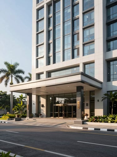 Wide environmental shot of a modern professional office building entrance in Timika under bright morning daylight, clean architectural lines, tropical trees in the background.