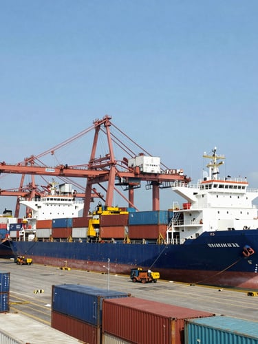 Wide environmental shot of Timika industrial port, container ships loading under bright clear daylight, representing Mimika's trade gateway.