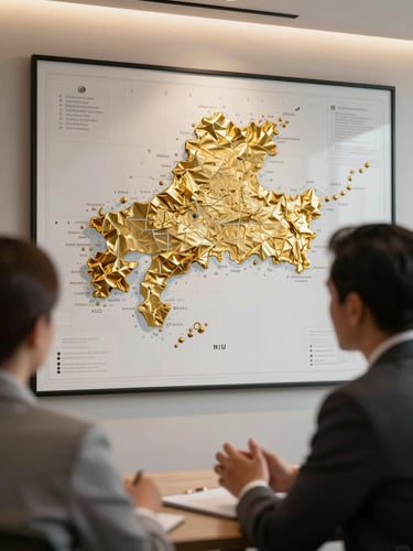 Close-up of a professional business consultation in a modern office, a gold-accented map of Papua on the wall, warm professional lighting