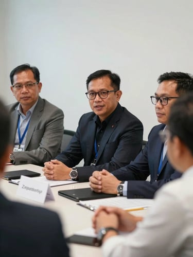 Portrait orientation, clean professional lighting, a modern business forum in Timika, local Papuan entrepreneurs and corporate leaders in discussion, clear focus, high-end institutional feel.