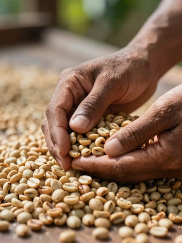Close-up of local Papuan coffee beans being sorted by hand under bright natural morning light, showcasing high-quality agricultural craftsmanship.