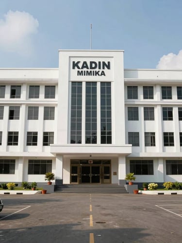 Wide environmental shot of the modern KADIN Mimika secretariat building in Timika, clean professional lighting, bright daylight, showing official institutional presence.
