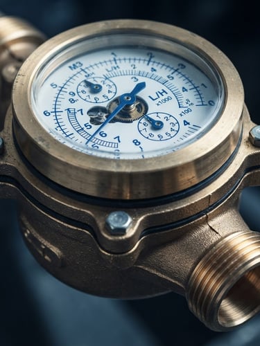 Close-up of a heavy brass water meter body with blue dial markings, high-precision machined threads, clean studio lighting, cool blue undertone