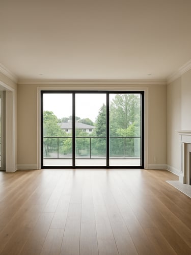 Wide environmental shot of an empty residential living room photographed in full 360 context, neutral true-to-life daylight through floor-to-ceiling windows, architectural details visible, no furniture staging, room depth fully rendered