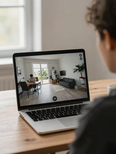 Over-the-shoulder framing of a person at a desk reviewing a 360-degree virtual tour on a laptop screen, neutral daylight from a window to the left, the room behind them softly out of focus, no face visible