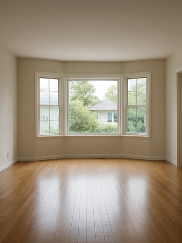 Wide environmental shot of an unoccupied residential living room, full room depth visible, neutral true-to-life daylight streaming through large windows, clean architectural lines, no staging or decorative clutter, shot from corner to show the entire space
