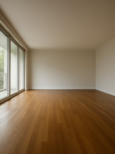 Wide-angle view of an empty residential living room interior, neutral daylight flooding through floor-to-ceiling windows on the left, hardwood floors receding toward a far wall, no furniture staging — pure architectural space, shot from a low corner to show full room depth