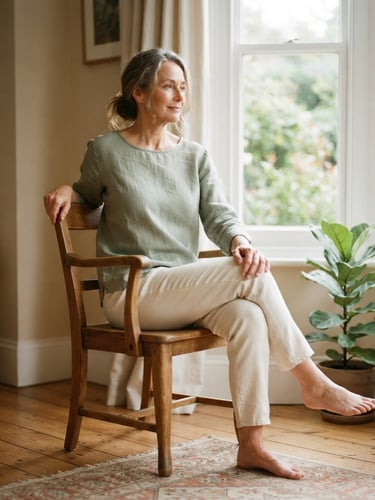 A serene woman in her 50s practicing a gentle seated stretch on a wooden chair, soft morning light streaming through a window, warm beige and muted sage tones, 35mm photography