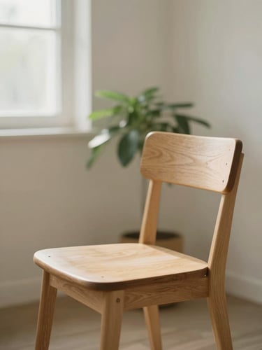 Soft natural morning light illuminating a wooden chair in a clean, minimalist room with a green plant in the background, shallow depth of field, warm editorial style.